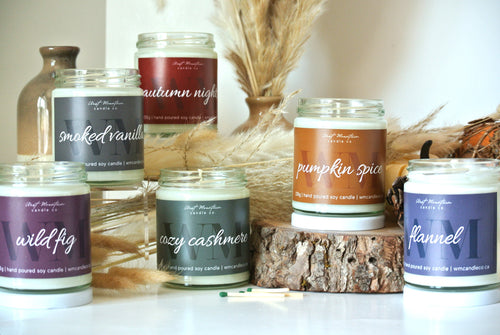 Fall Collection of scented soy candles, flannel, cozy cashmere, autumn nights, pumpkin spice, wild fig, smoked vanilla